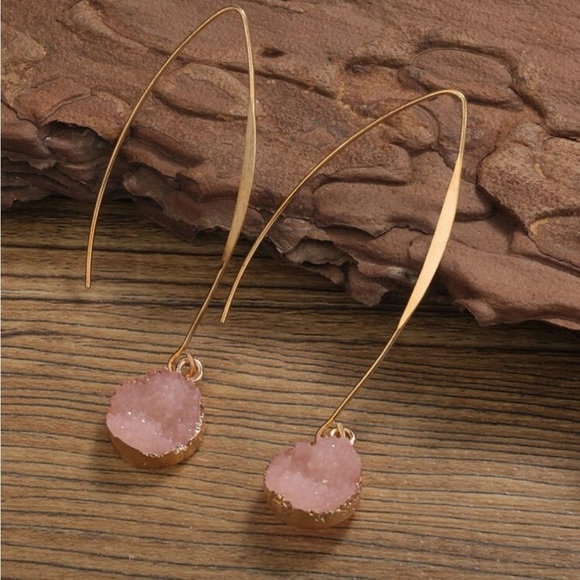 Pink Resin Crystal Gold Drop Dangle Earrings - Picture 4 of 8
